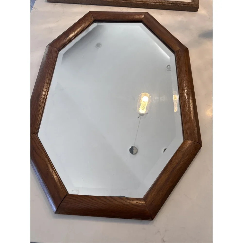 Vintage Oak Framed Octagon Hanging Mirror 27x19
